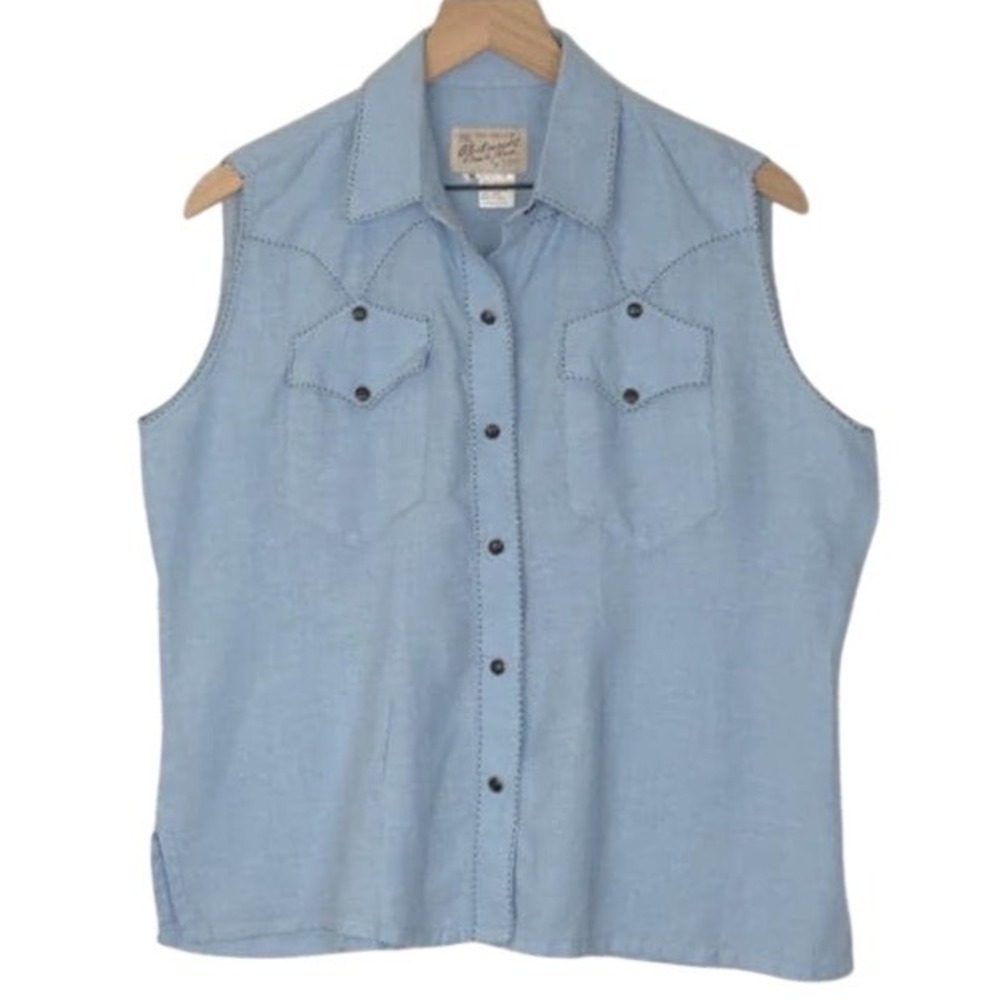 VTG TRUE WEST Rockmount Ranch Wear 100% Linen Western Snap Shirt Women's M Blue‎